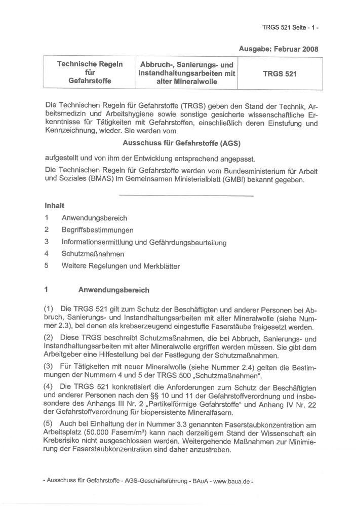 TRGS 521 - Künstliche Mineralwolle