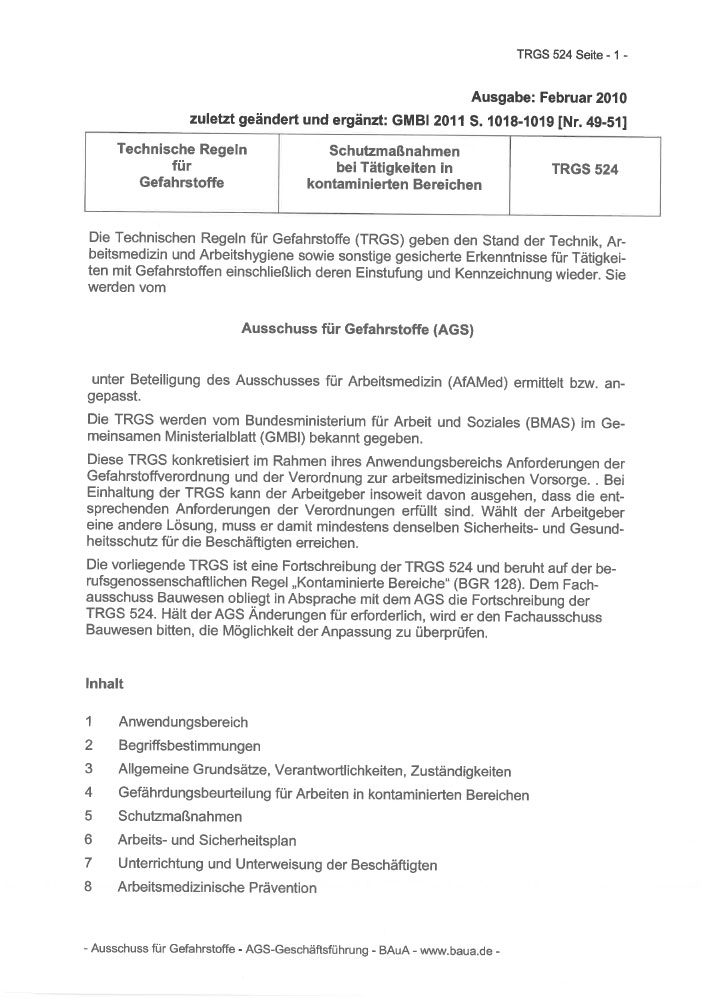 TRGS 524 Schutzmaßnahmen in kontaminierte Bereichen